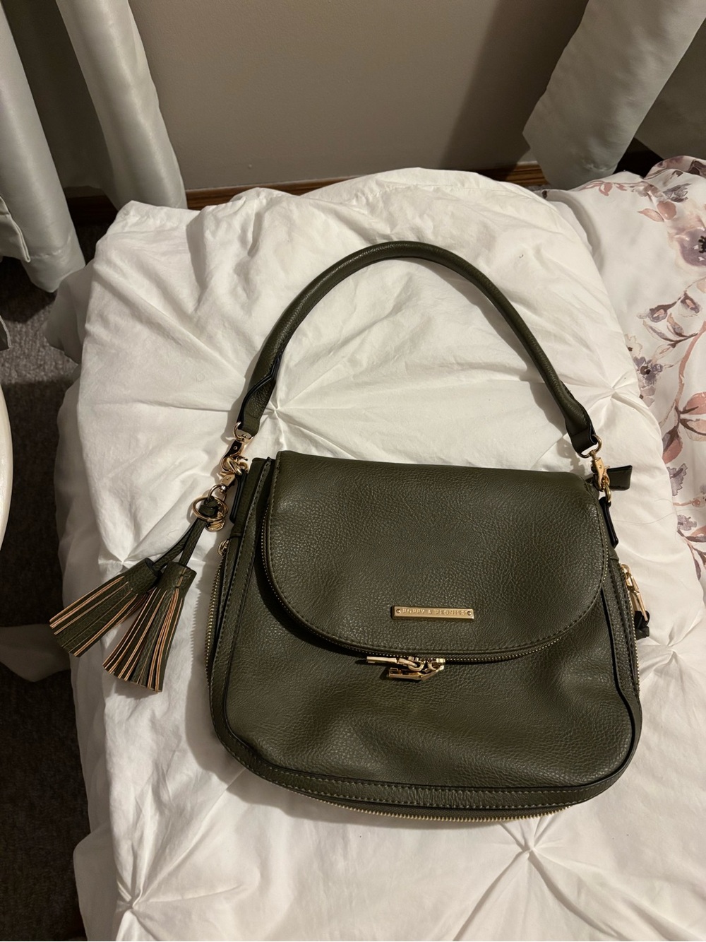 Poppy and Peonies Olive Green Pebbled Vegan Leather Shoulder Bag with Tassels